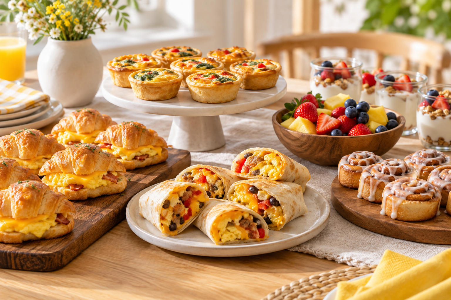 Mini breakfast croissants, burritos, quiches, cinnamon rolls, fruit and yogurt cups at a breakfast buffet