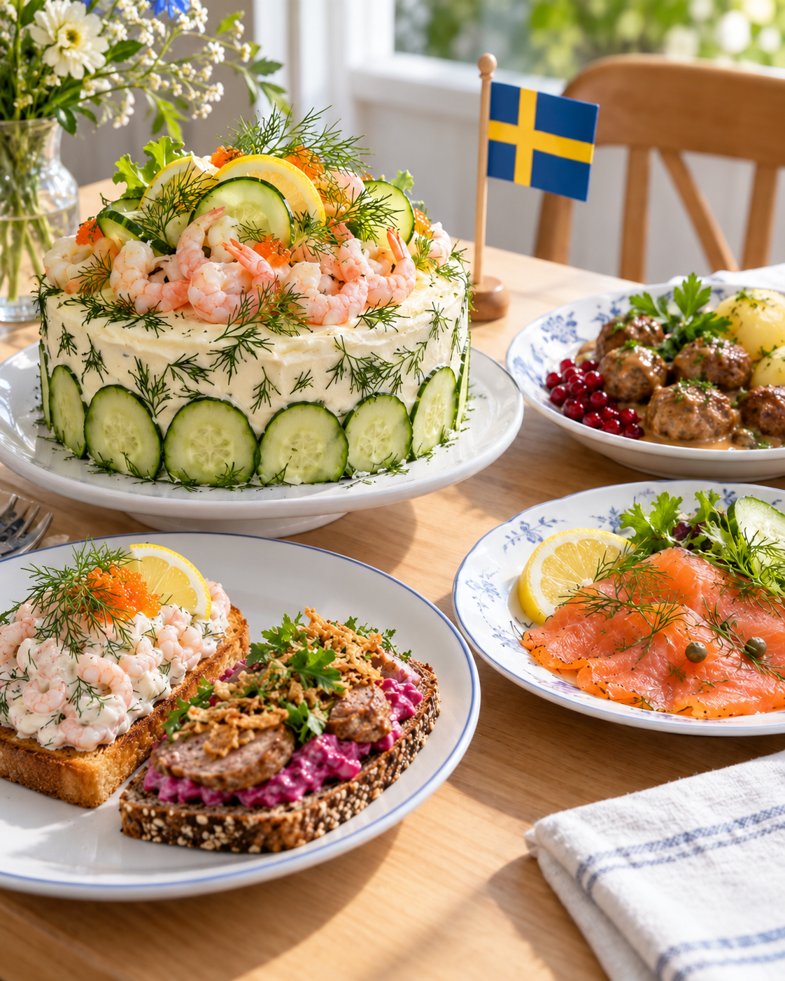 Illustration of a Swedish food spread with sandwich cake, a meatball and beetroot sandwich, toast Skagen, salmon and meatballs