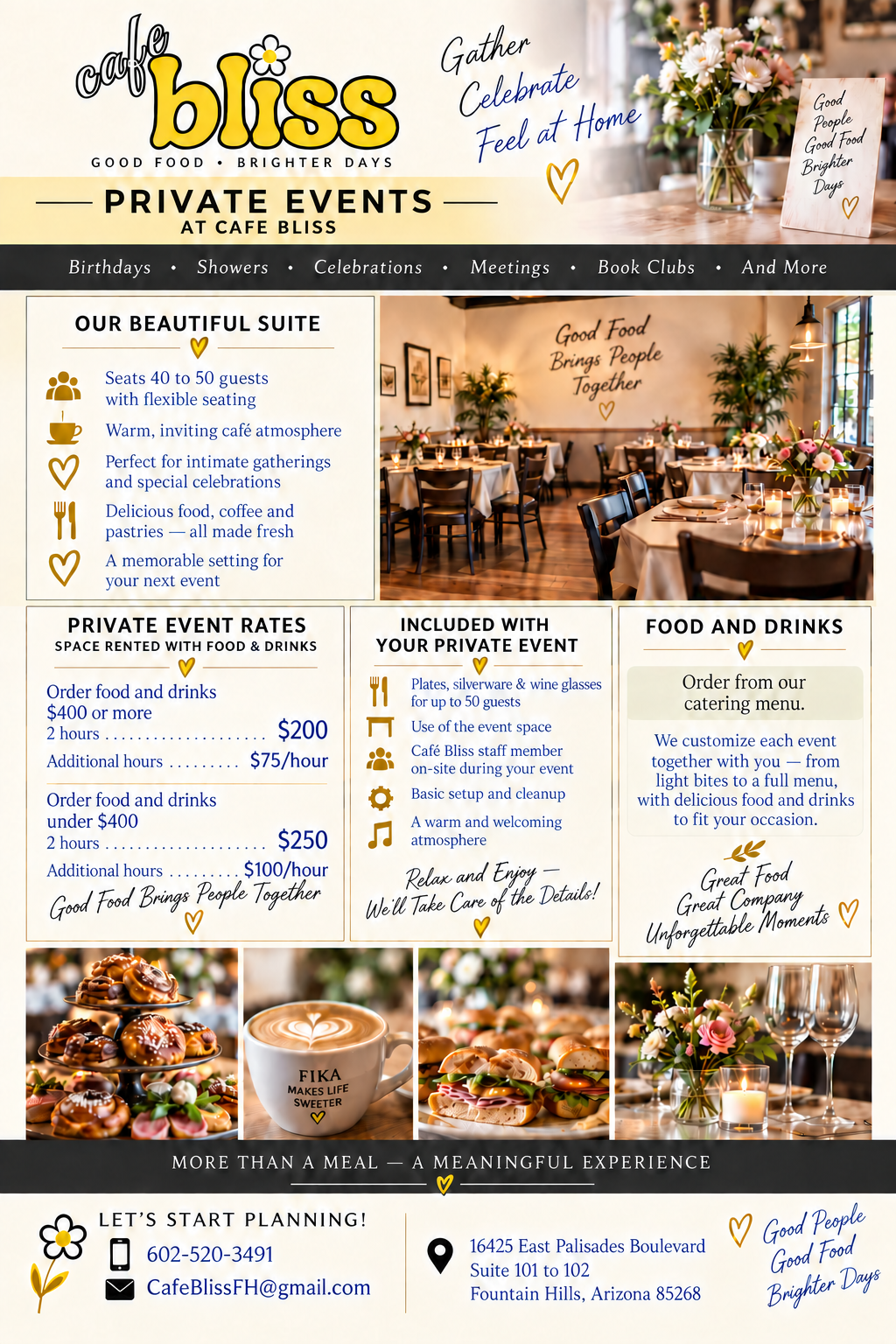 Café Bliss private events flyer showing catered rates, suite details, inclusions, and contact information
